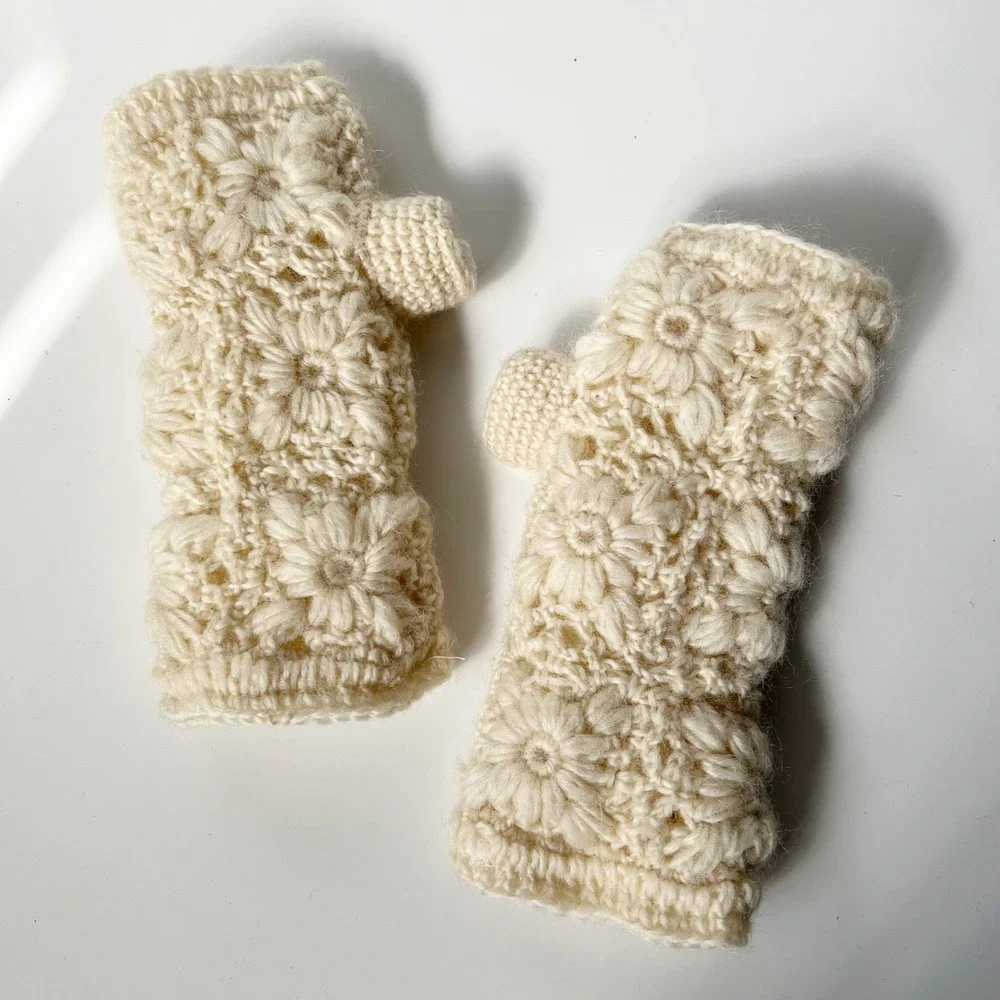 Crochet Wool Fingerless Gloves Cream Floral Fleece Lined Handmade Nepal Boho